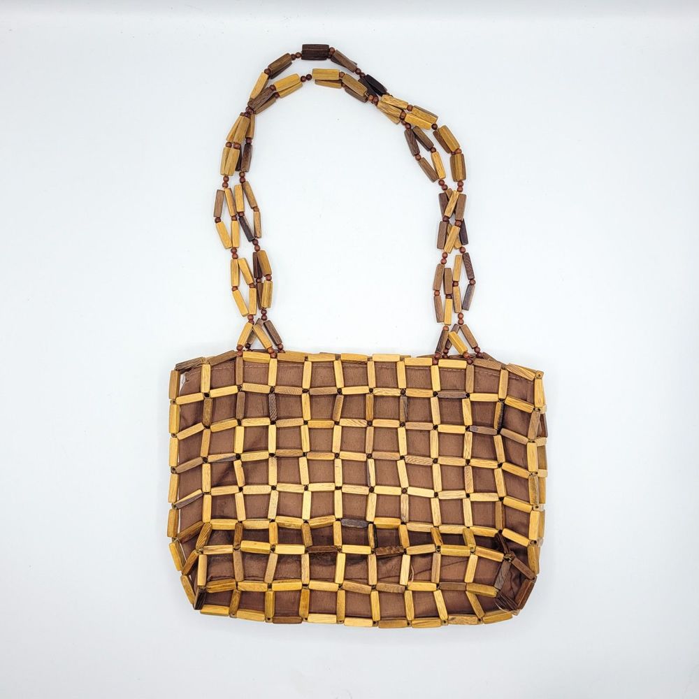 Vintage Handmade Brown Connector Wood Beaded Shoulder Bag